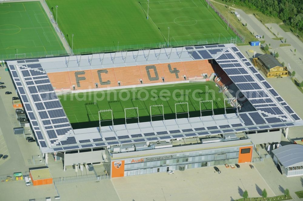 Aerial photograph Ingolstadt - Sports facility grounds of the Arena stadium Audi Sportpark in Ingolstadt in the state Bavaria. The stadium is the home ground of the FC Ingolstadt 04