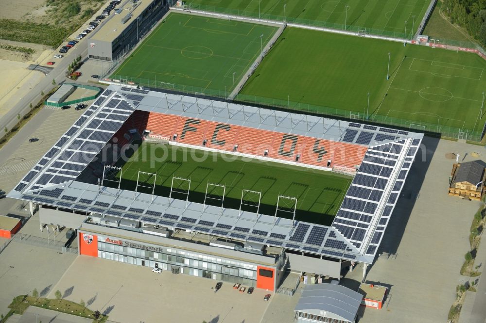 Ingolstadt from the bird's eye view: Sports facility grounds of the Arena stadium Audi Sportpark in Ingolstadt in the state Bavaria. The stadium is the home ground of the FC Ingolstadt 04