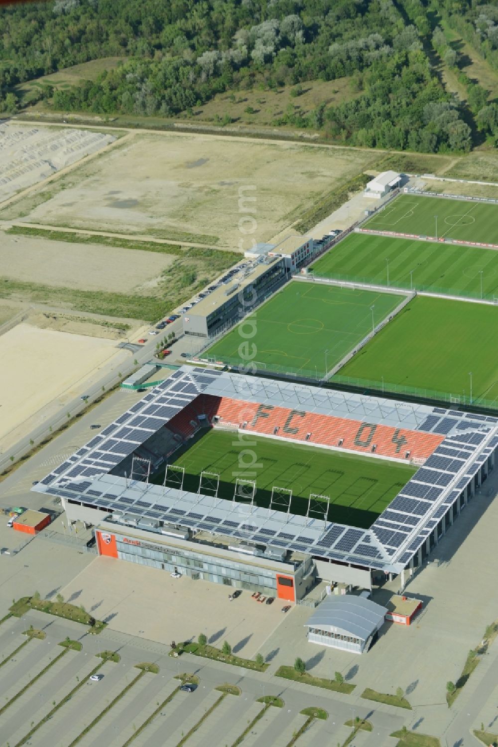 Aerial image Ingolstadt - Sports facility grounds of the Arena stadium Audi Sportpark in Ingolstadt in the state Bavaria. The stadium is the home ground of the FC Ingolstadt 04