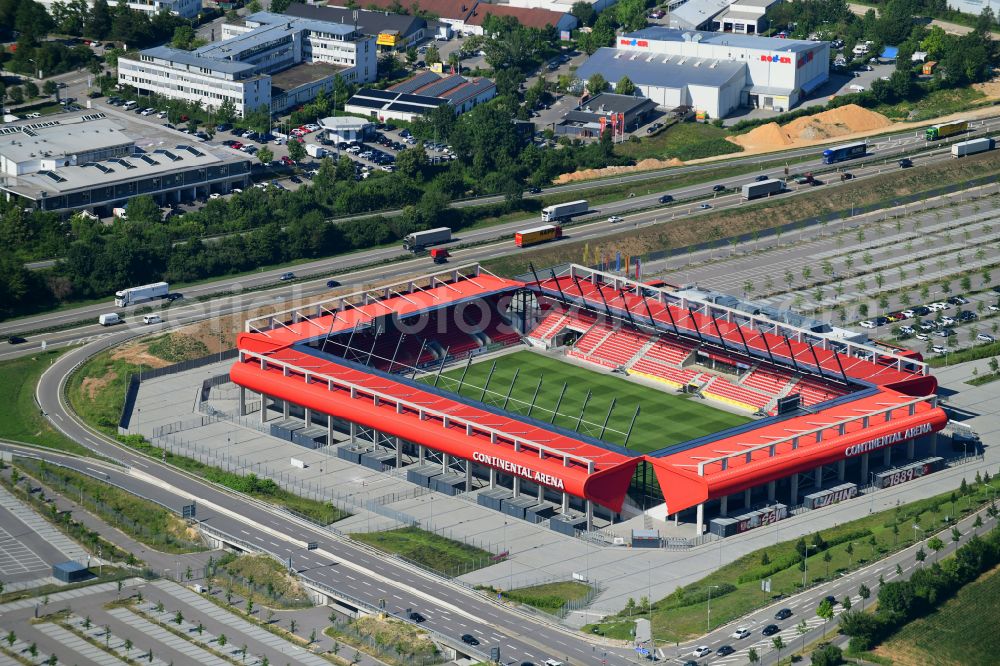 Regensburg from above - Sports facility grounds of the Arena stadium Jahnstadion formerly Continental Arena on street Franz-Josef-Strauss-Allee in Regensburg in the state Bavaria, Germany