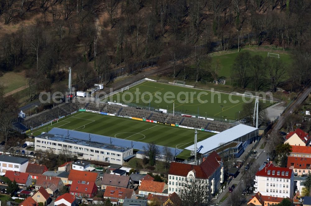 Potsdam from above - Sports facility grounds of the Arena stadium Karl-Liebknecht-Stadion on Karl-Liebknecht-Strasse in the district Babelsberg in Potsdam in the state Brandenburg