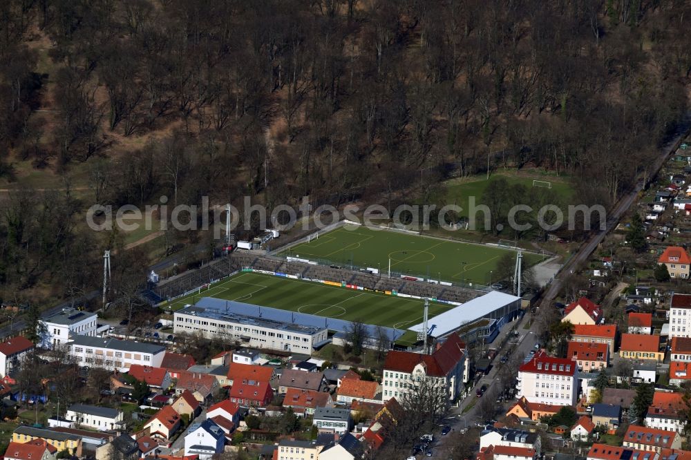 Potsdam from the bird's eye view: Sports facility grounds of the Arena stadium Karl-Liebknecht-Stadion on Karl-Liebknecht-Strasse in the district Babelsberg in Potsdam in the state Brandenburg