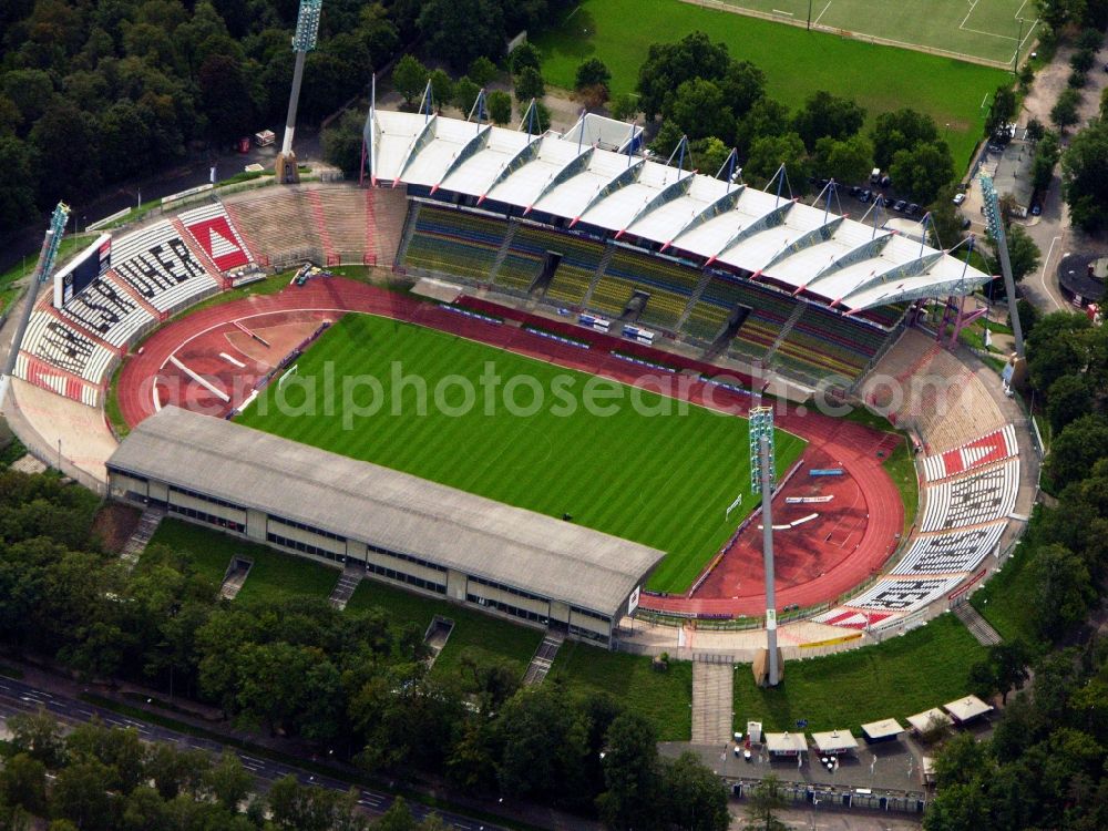 Aerial image Karlsruhe - Sports facility grounds of the Arena stadium in Karlsruhe in the state Baden-Wuerttemberg