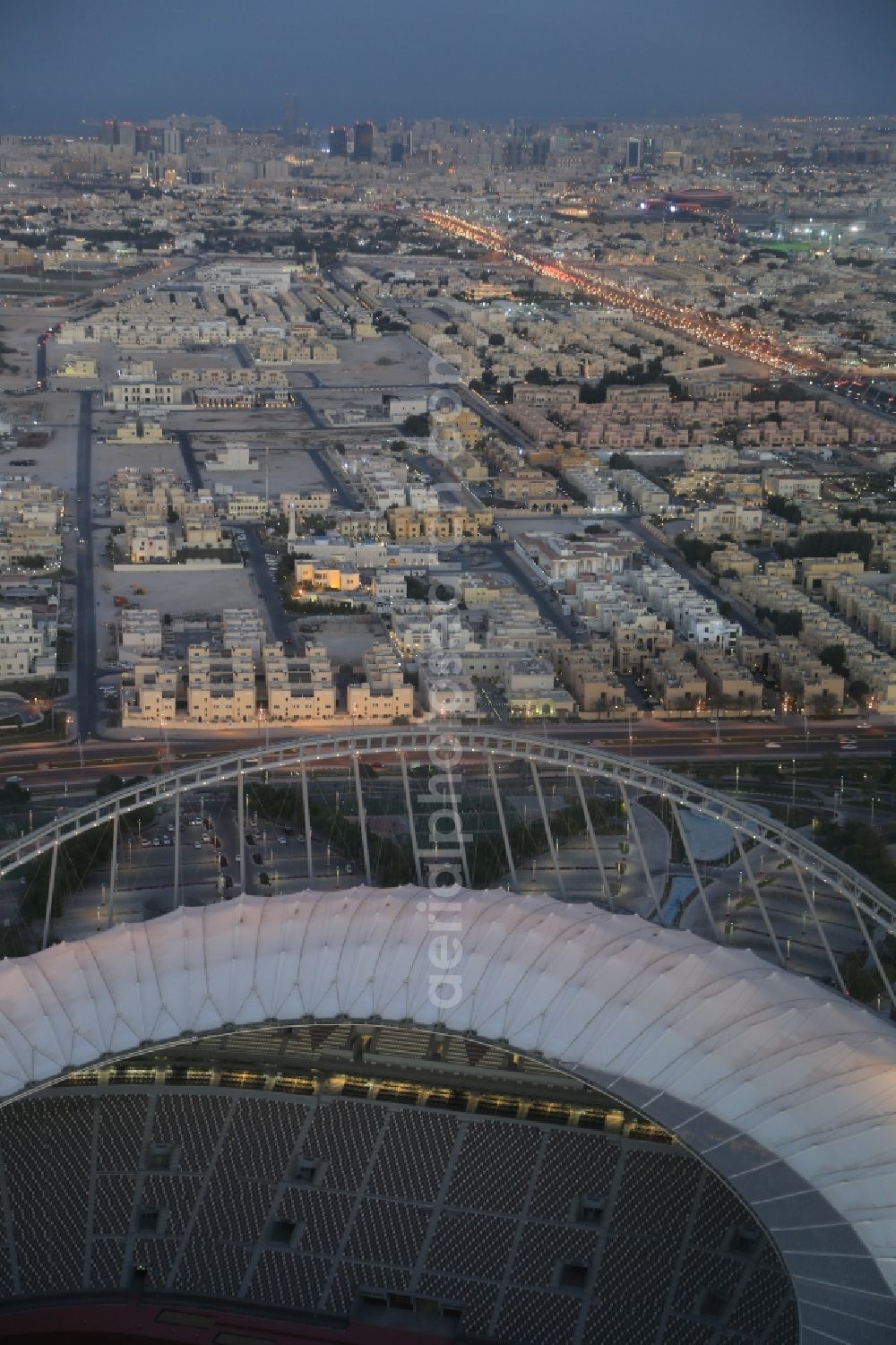Aerial image Doha - Sports facility grounds of the Arena stadium The Khalifa International Stadium on Al Waab Street in the district Baaya in Doha in Al Rayyan Municipality, Qatar