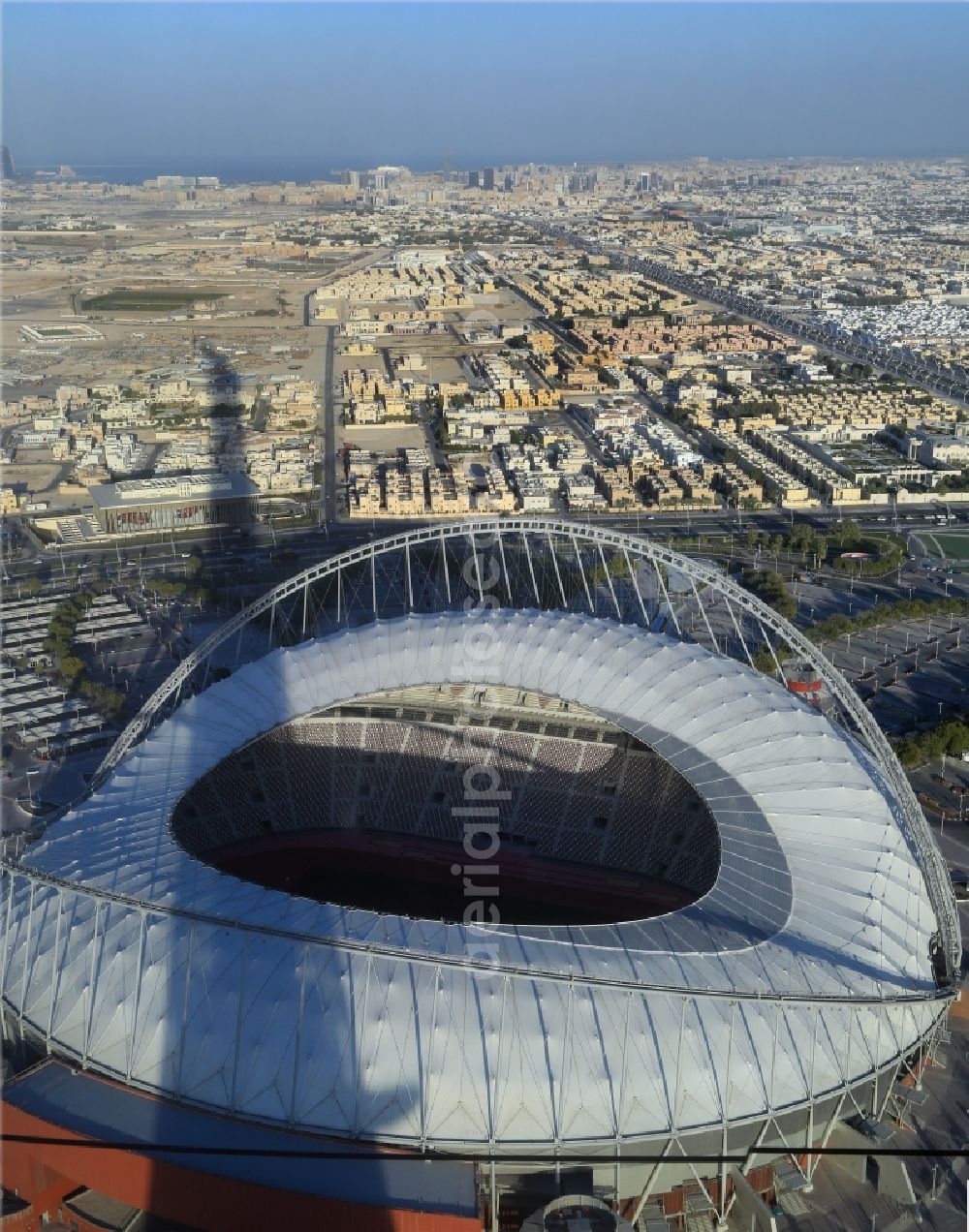 Doha from the bird's eye view: Sports facility grounds of the Arena stadium The Khalifa International Stadium on Al Waab Street in the district Baaya in Doha in Al Rayyan Municipality, Qatar