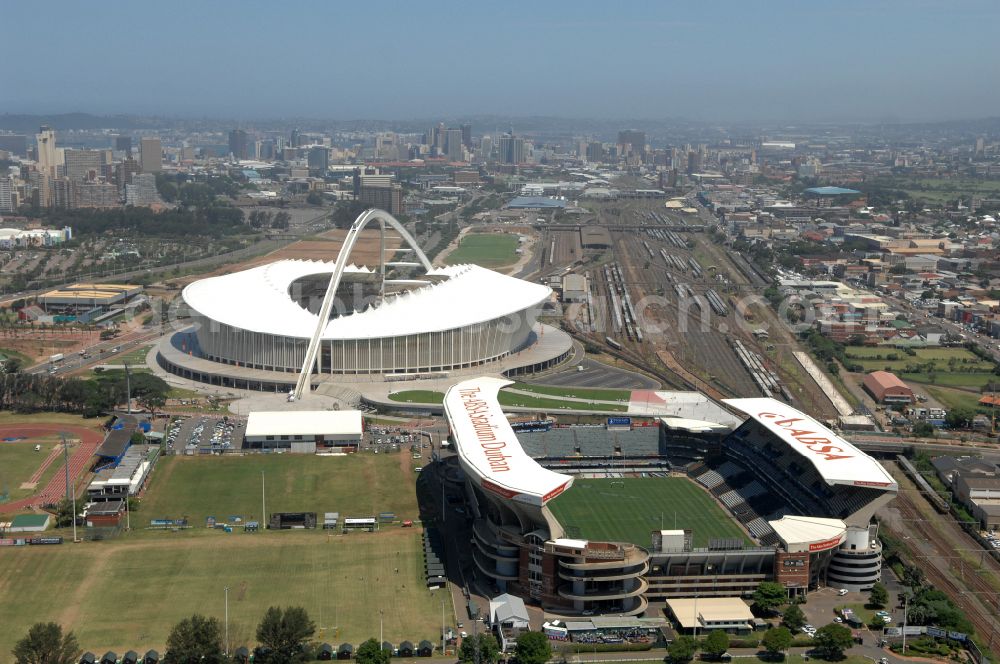 Aerial image Durban - Sports facility area of the arena of the stadium Kings Park Stadium (formerly ABSA Stadium) on Jacko Jackson Drive in Durban in KwaZulu-Natal, South Africa