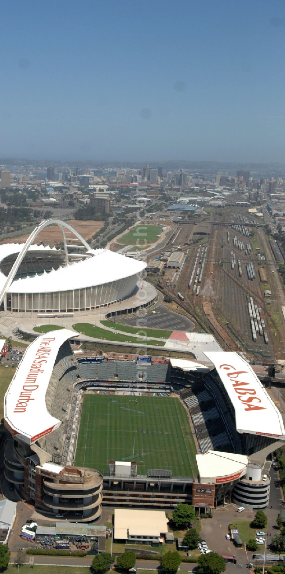 Durban from above - Sports facility area of the arena of the stadium Kings Park Stadium (formerly ABSA Stadium) on Jacko Jackson Drive in Durban in KwaZulu-Natal, South Africa