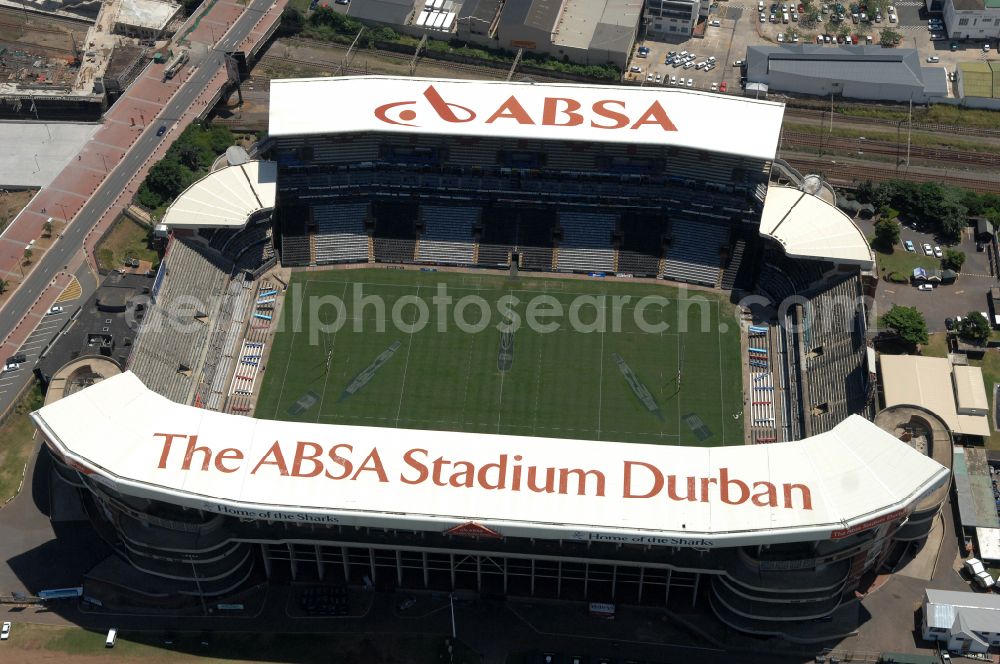 Durban from above - Sports facility area of the arena of the stadium Kings Park Stadium (formerly ABSA Stadium) on Jacko Jackson Drive in Durban in KwaZulu-Natal, South Africa