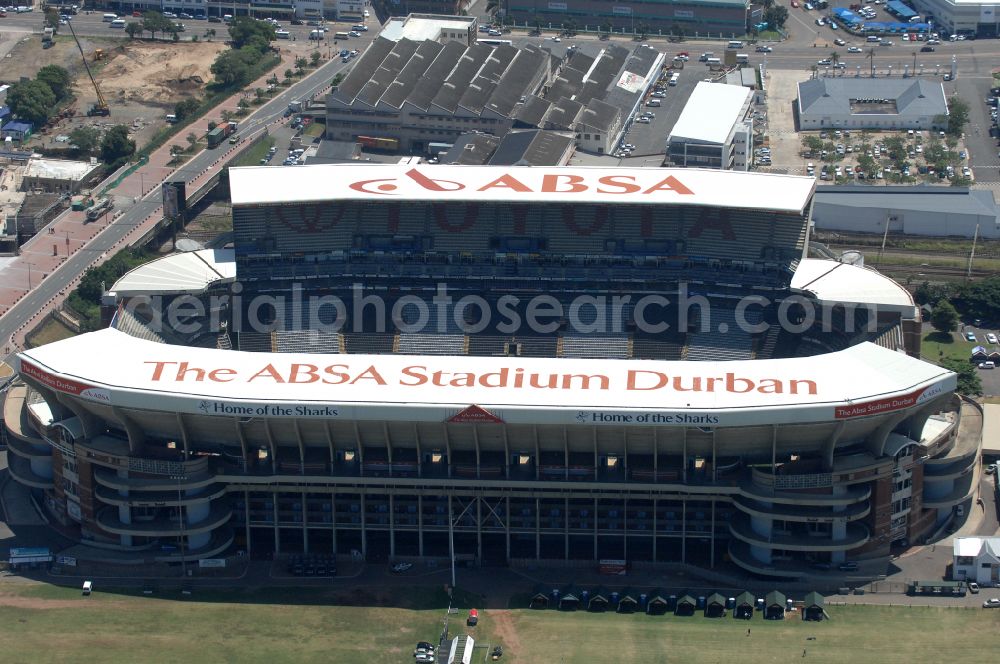 Aerial image Durban - Sports facility area of the arena of the stadium Kings Park Stadium (formerly ABSA Stadium) on Jacko Jackson Drive in Durban in KwaZulu-Natal, South Africa