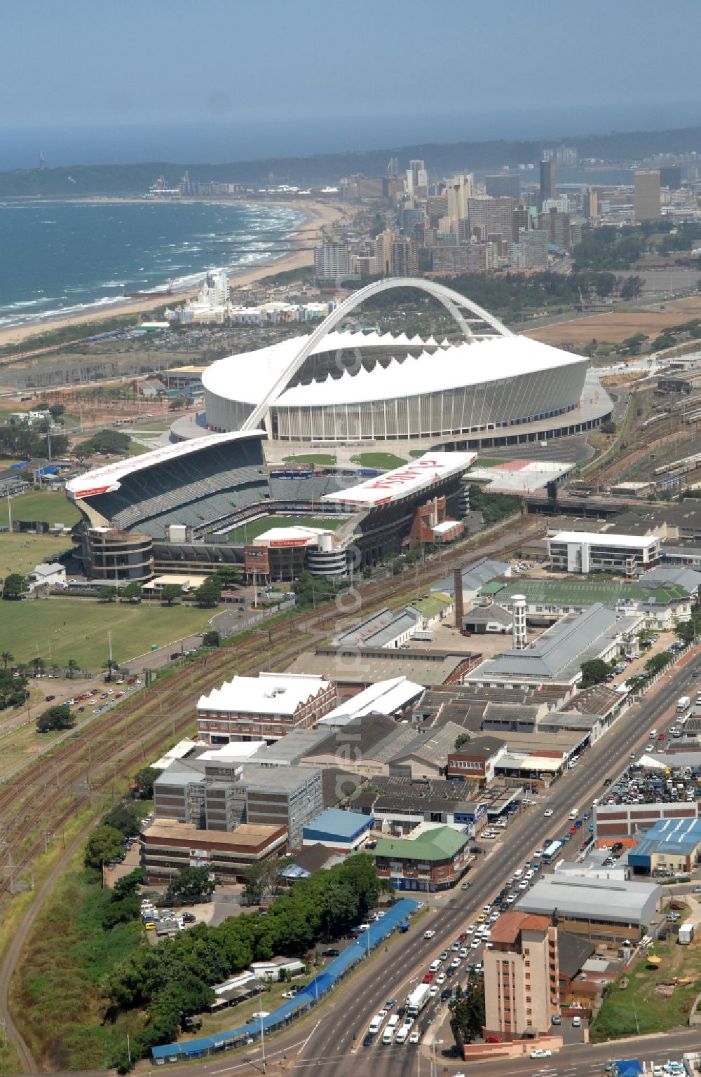 Durban from above - Sports facility area of the arena of the stadium Kings Park Stadium (formerly ABSA Stadium) on Jacko Jackson Drive in Durban in KwaZulu-Natal, South Africa