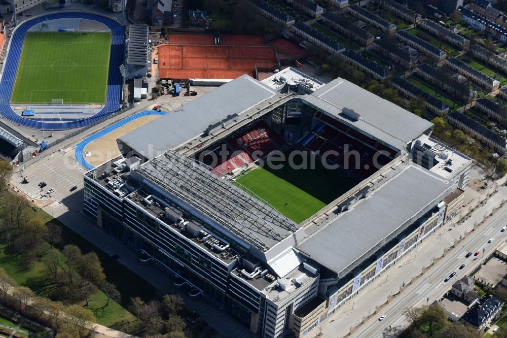 Kopenhagen from the bird's eye view: Sports facility grounds of the Arena stadium F.C. Kobenhavn on Per Henrik Lings Alle in Copenhagen in Region Hovedstaden, Denmark