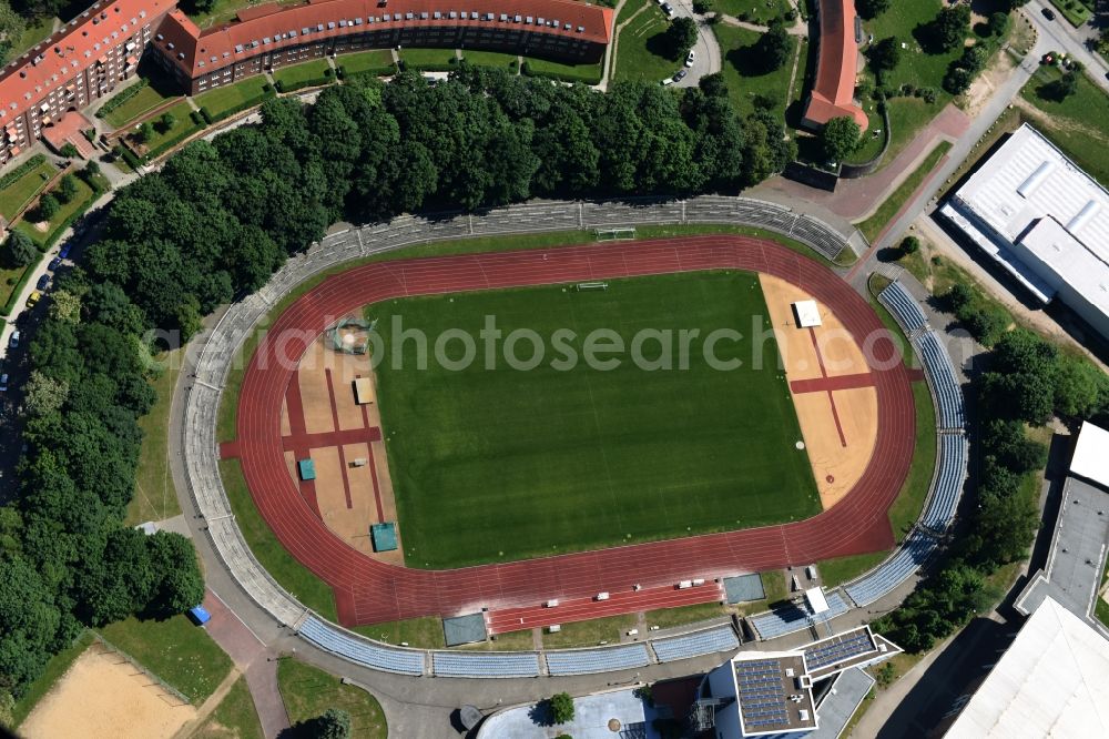 Schwerin from the bird's eye view: Sports facility grounds of the Arena stadium Lambrechtsgrund in Schwerin in the state Mecklenburg - Western Pomerania