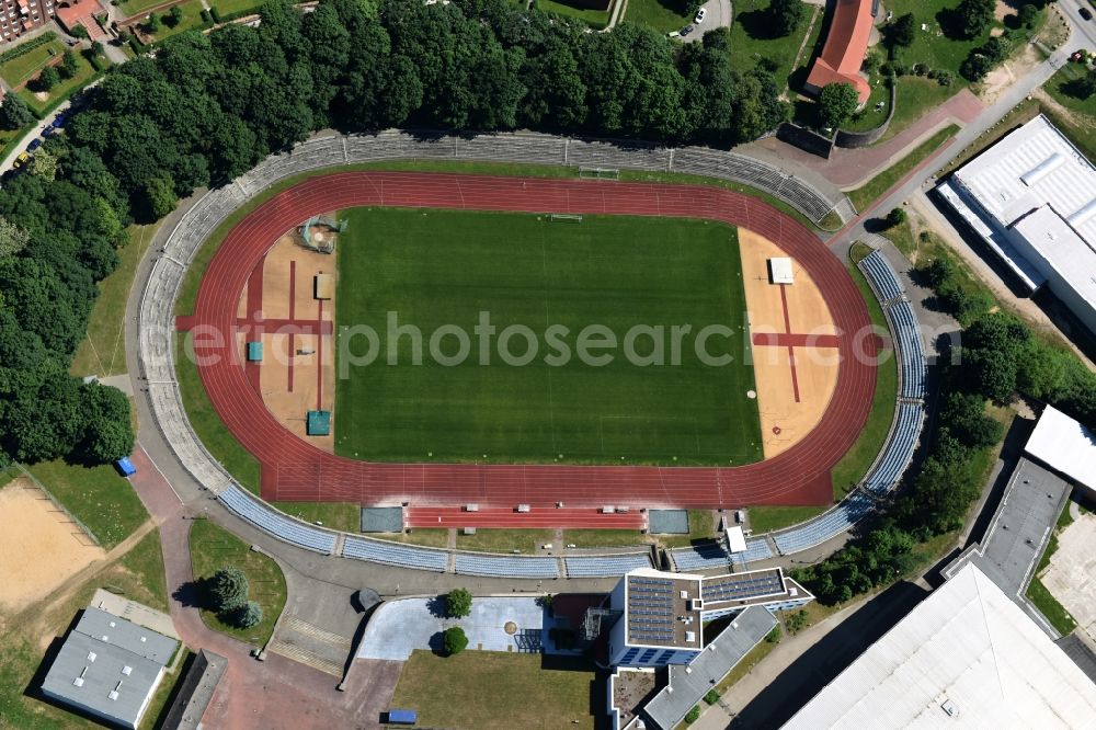 Schwerin from the bird's eye view: Sports facility grounds of the Arena stadium Lambrechtsgrund in Schwerin in the state Mecklenburg - Western Pomerania