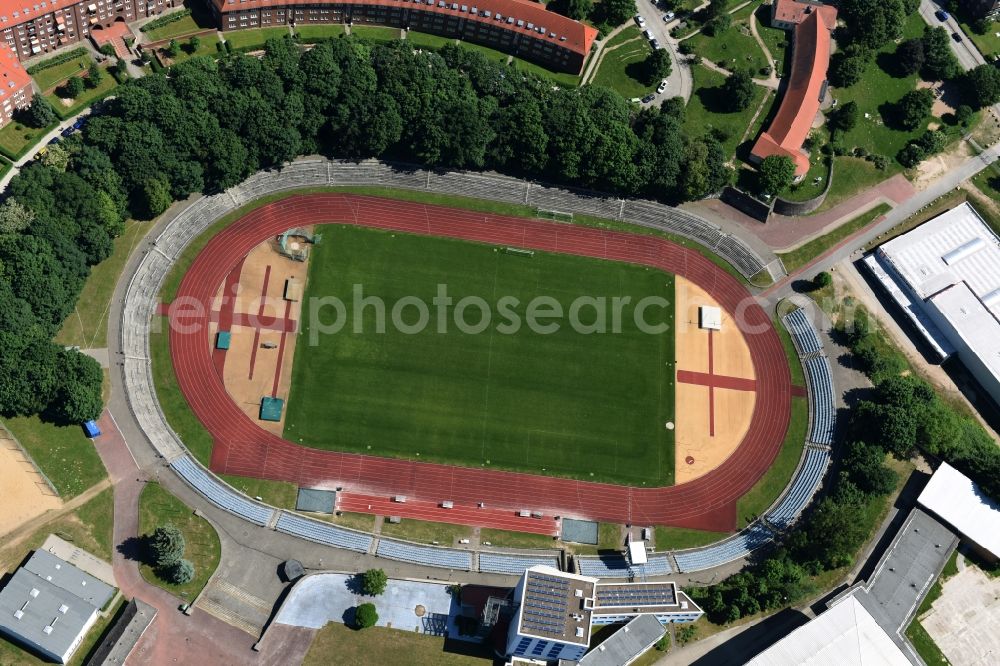 Aerial image Schwerin - Sports facility grounds of the Arena stadium Lambrechtsgrund in Schwerin in the state Mecklenburg - Western Pomerania