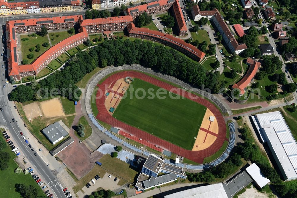 Aerial photograph Schwerin - Sports facility grounds of the Arena stadium Lambrechtsgrund in Schwerin in the state Mecklenburg - Western Pomerania