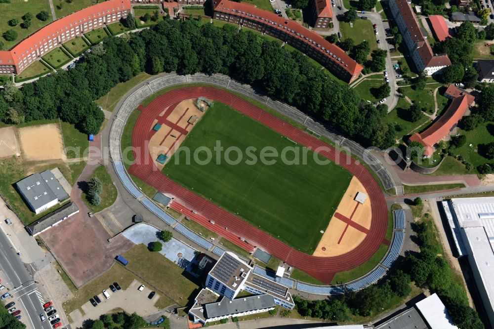 Schwerin from above - Sports facility grounds of the Arena stadium Lambrechtsgrund in Schwerin in the state Mecklenburg - Western Pomerania