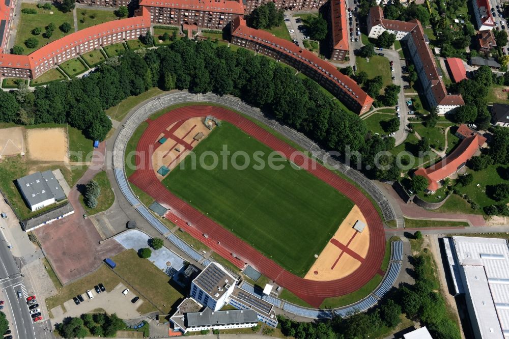 Schwerin from the bird's eye view: Sports facility grounds of the Arena stadium Lambrechtsgrund in Schwerin in the state Mecklenburg - Western Pomerania