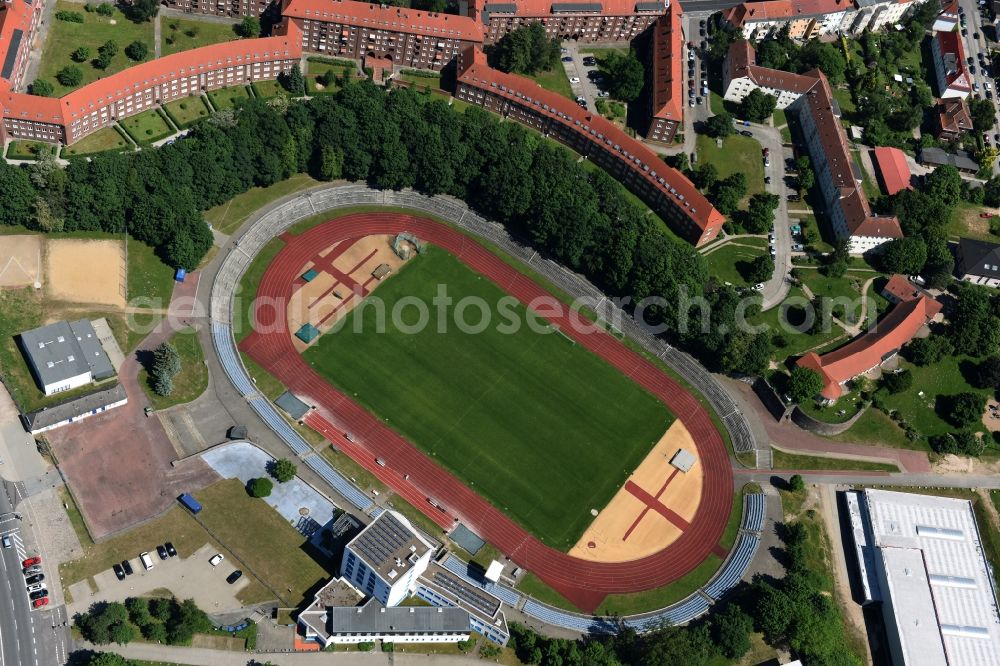 Aerial image Schwerin - Sports facility grounds of the Arena stadium Lambrechtsgrund in Schwerin in the state Mecklenburg - Western Pomerania