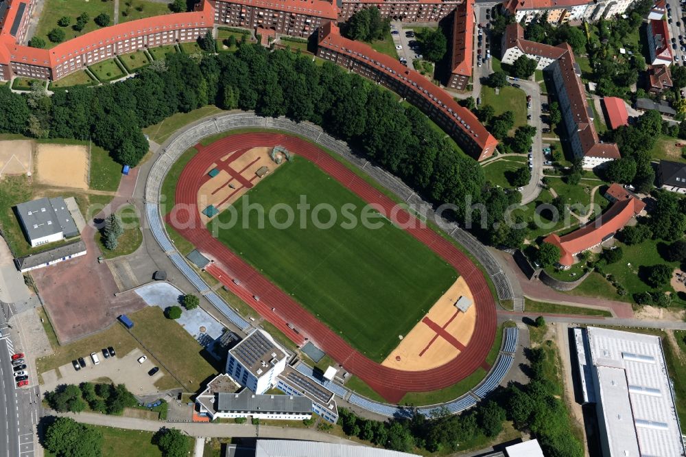 Aerial photograph Schwerin - Sports facility grounds of the Arena stadium Lambrechtsgrund in Schwerin in the state Mecklenburg - Western Pomerania