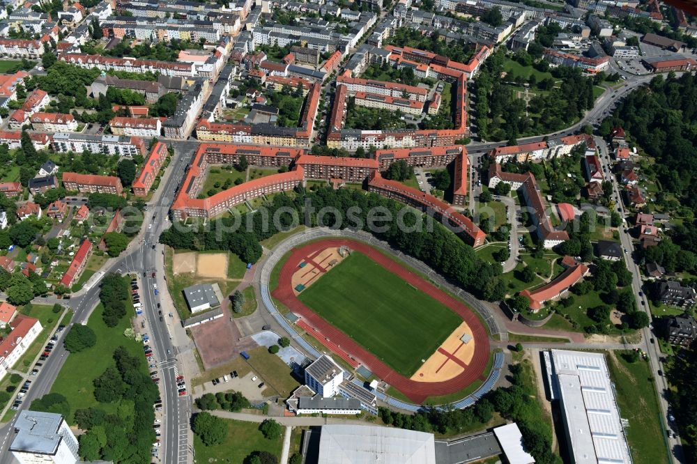 Schwerin from above - Sports facility grounds of the Arena stadium Lambrechtsgrund in Schwerin in the state Mecklenburg - Western Pomerania