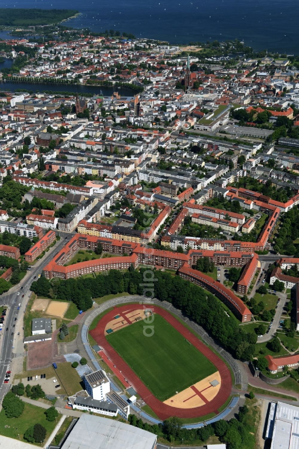 Schwerin from the bird's eye view: Sports facility grounds of the Arena stadium Lambrechtsgrund in Schwerin in the state Mecklenburg - Western Pomerania