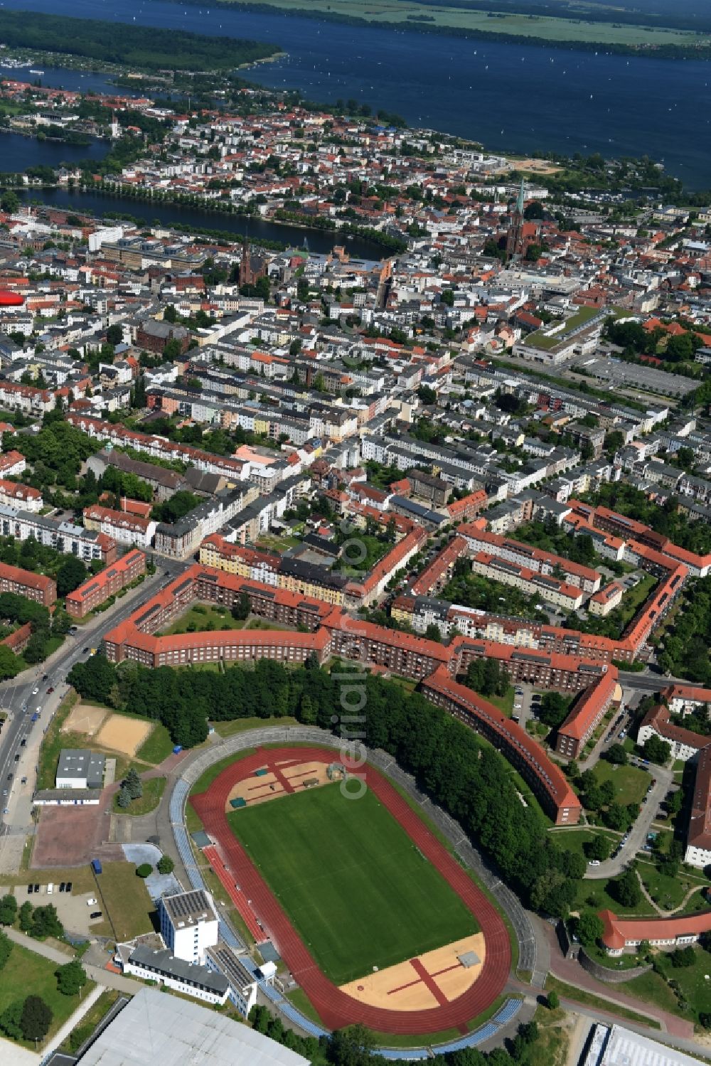 Aerial image Schwerin - Sports facility grounds of the Arena stadium Lambrechtsgrund in Schwerin in the state Mecklenburg - Western Pomerania