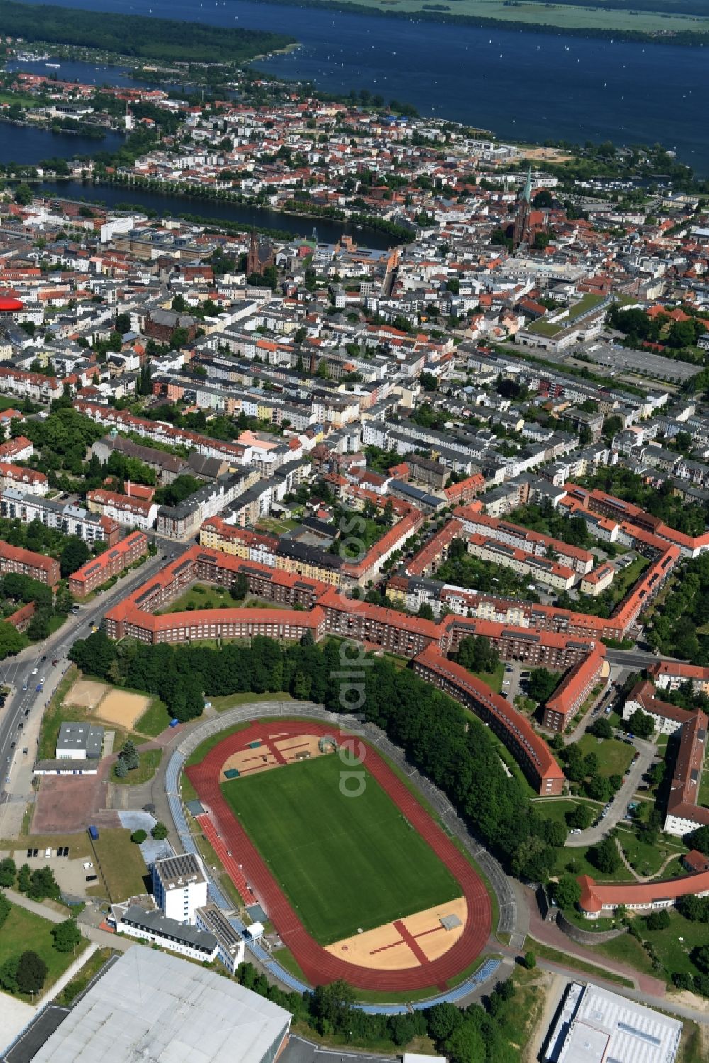 Aerial photograph Schwerin - Sports facility grounds of the Arena stadium Lambrechtsgrund in Schwerin in the state Mecklenburg - Western Pomerania