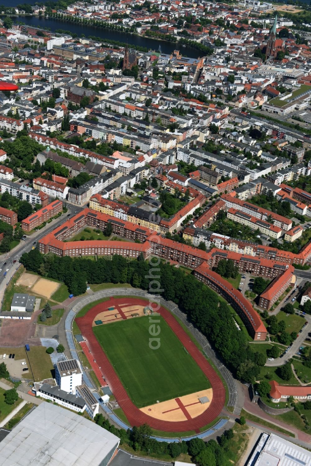 Schwerin from above - Sports facility grounds of the Arena stadium Lambrechtsgrund in Schwerin in the state Mecklenburg - Western Pomerania