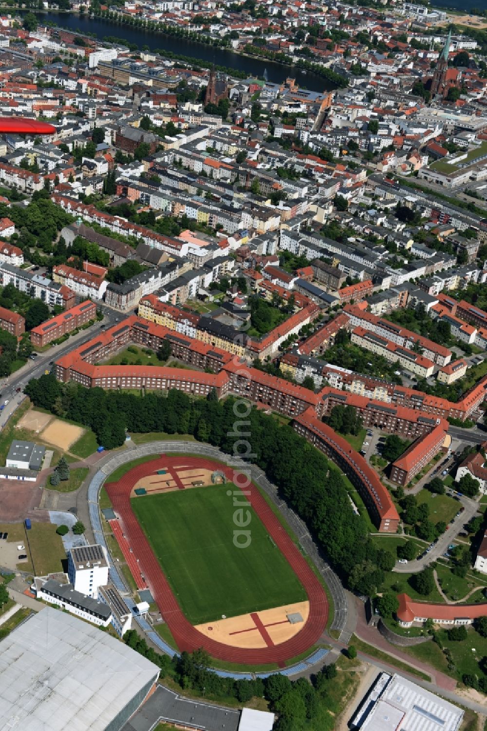 Schwerin from the bird's eye view: Sports facility grounds of the Arena stadium Lambrechtsgrund in Schwerin in the state Mecklenburg - Western Pomerania