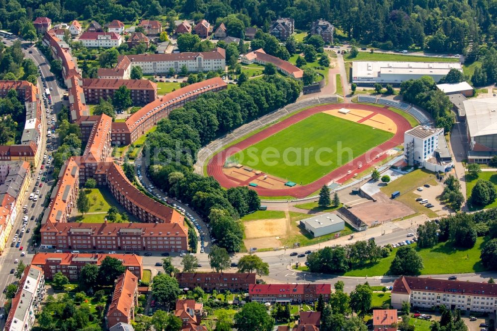 Schwerin from above - Sports facility grounds of the Arena stadium Lambrechtsgrund in Schwerin in the state Mecklenburg - Western Pomerania