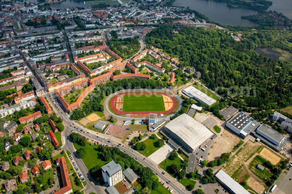 Schwerin from the bird's eye view: Sports facility grounds of the Arena stadium Lambrechtsgrund in Schwerin in the state Mecklenburg - Western Pomerania