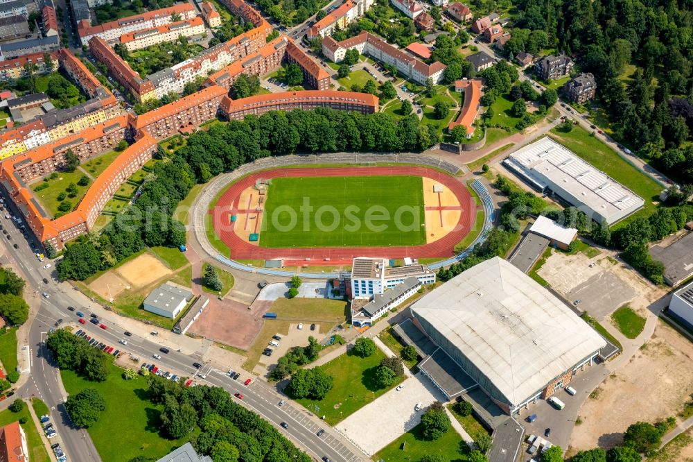 Aerial image Schwerin - Sports facility grounds of the Arena stadium Lambrechtsgrund in Schwerin in the state Mecklenburg - Western Pomerania