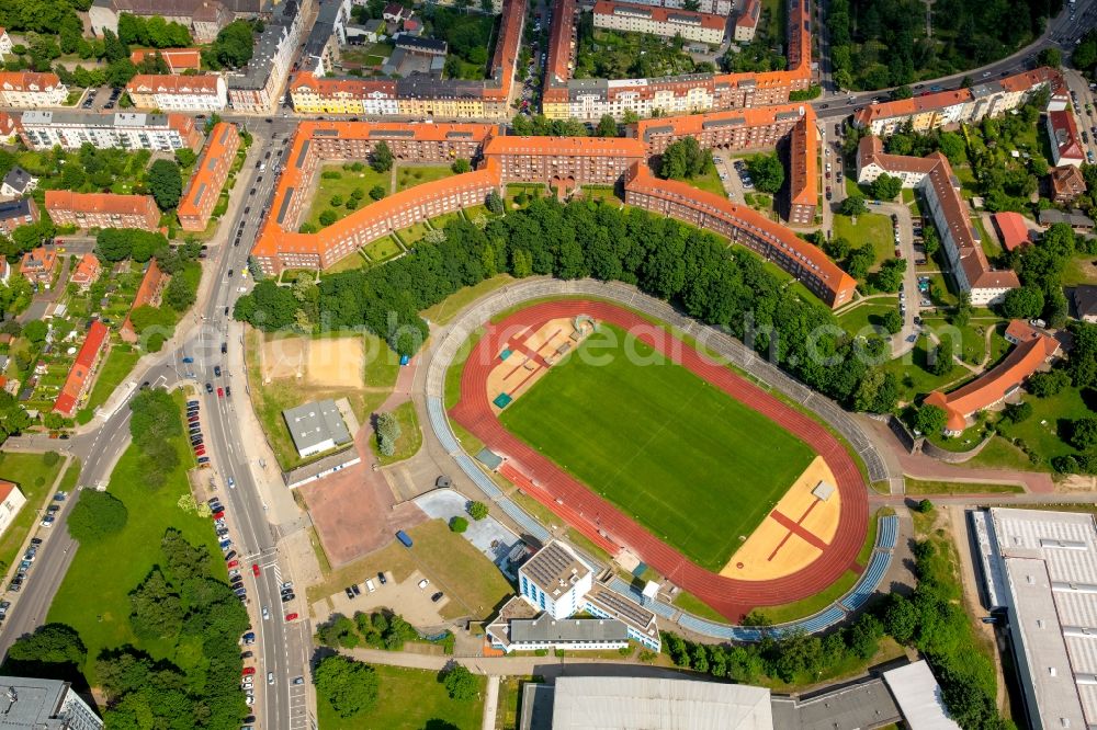 Aerial photograph Schwerin - Sports facility grounds of the Arena stadium Lambrechtsgrund in Schwerin in the state Mecklenburg - Western Pomerania