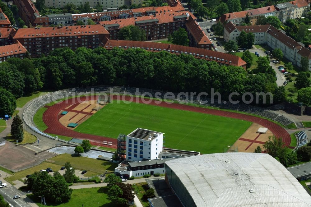 Schwerin from above - Sports facility grounds of the Arena stadium Lambrechtsgrund on Wittenburger Strasse in Schwerin in the state Mecklenburg - Western Pomerania, Germany