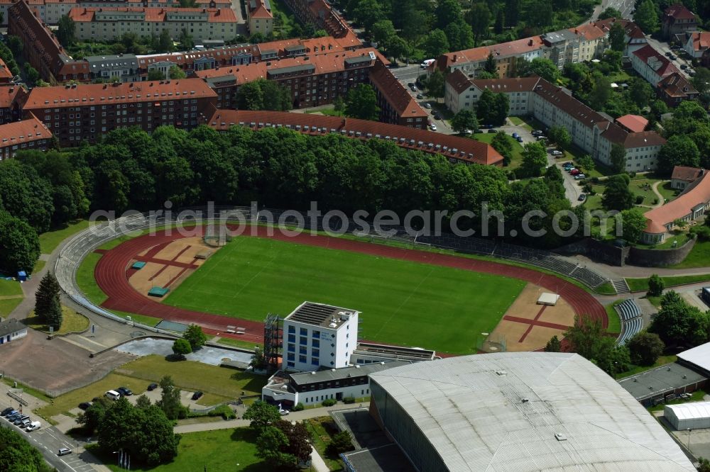 Schwerin from the bird's eye view: Sports facility grounds of the Arena stadium Lambrechtsgrund on Wittenburger Strasse in Schwerin in the state Mecklenburg - Western Pomerania, Germany