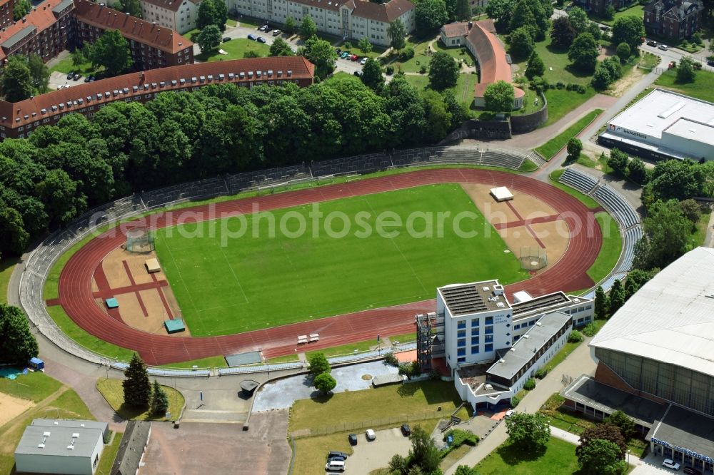 Aerial photograph Schwerin - Sports facility grounds of the Arena stadium Lambrechtsgrund on Wittenburger Strasse in Schwerin in the state Mecklenburg - Western Pomerania, Germany