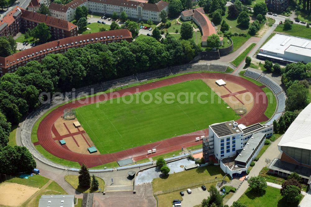 Schwerin from above - Sports facility grounds of the Arena stadium Lambrechtsgrund on Wittenburger Strasse in Schwerin in the state Mecklenburg - Western Pomerania, Germany