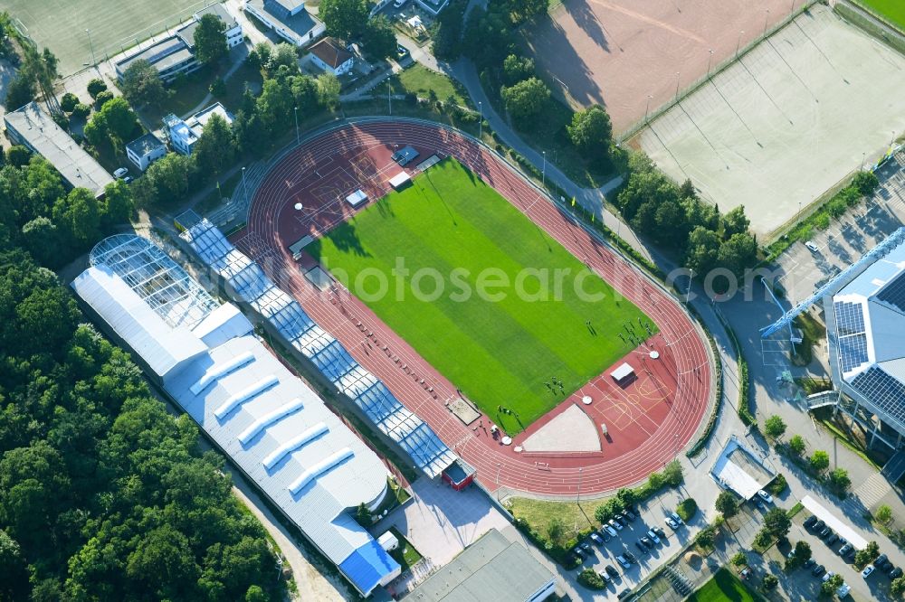 Rostock from above - Sports site area of the arena of the stadium of the 1. Leichtathletikverein Rostock e.V. in Rostock in the federal state Mecklenburg-West Pomerania, Germany