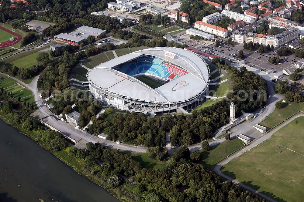 Leipzig from the bird's eye view: Sports facility grounds of the Arena stadium Red Bull Arena Am Sportforum in Leipzig in the state Saxony