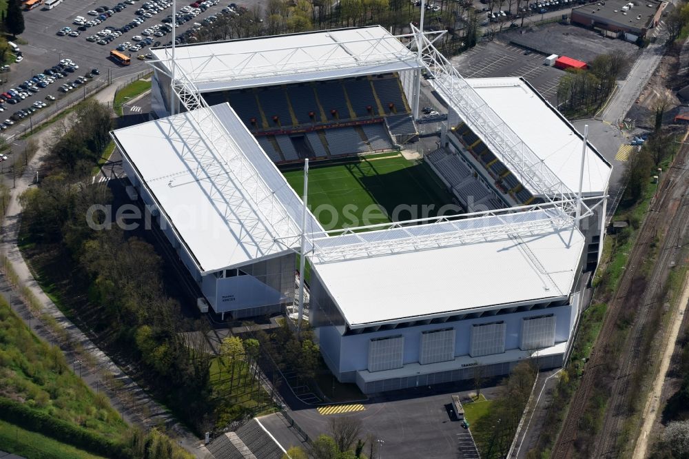 Aerial image Lens - Sports facility grounds of the arena of the stadium Stade Bollaert-Delelis before European Football Championship Euro 2016 in Lens in Nord-Pas-de-Calais Picardy, France