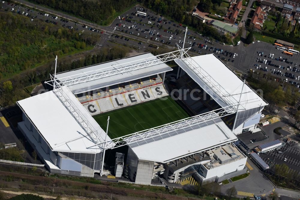 Lens from the bird's eye view: Sports facility grounds of the arena of the stadium Stade Bollaert-Delelis before European Football Championship Euro 2016 in Lens in Nord-Pas-de-Calais Picardy, France