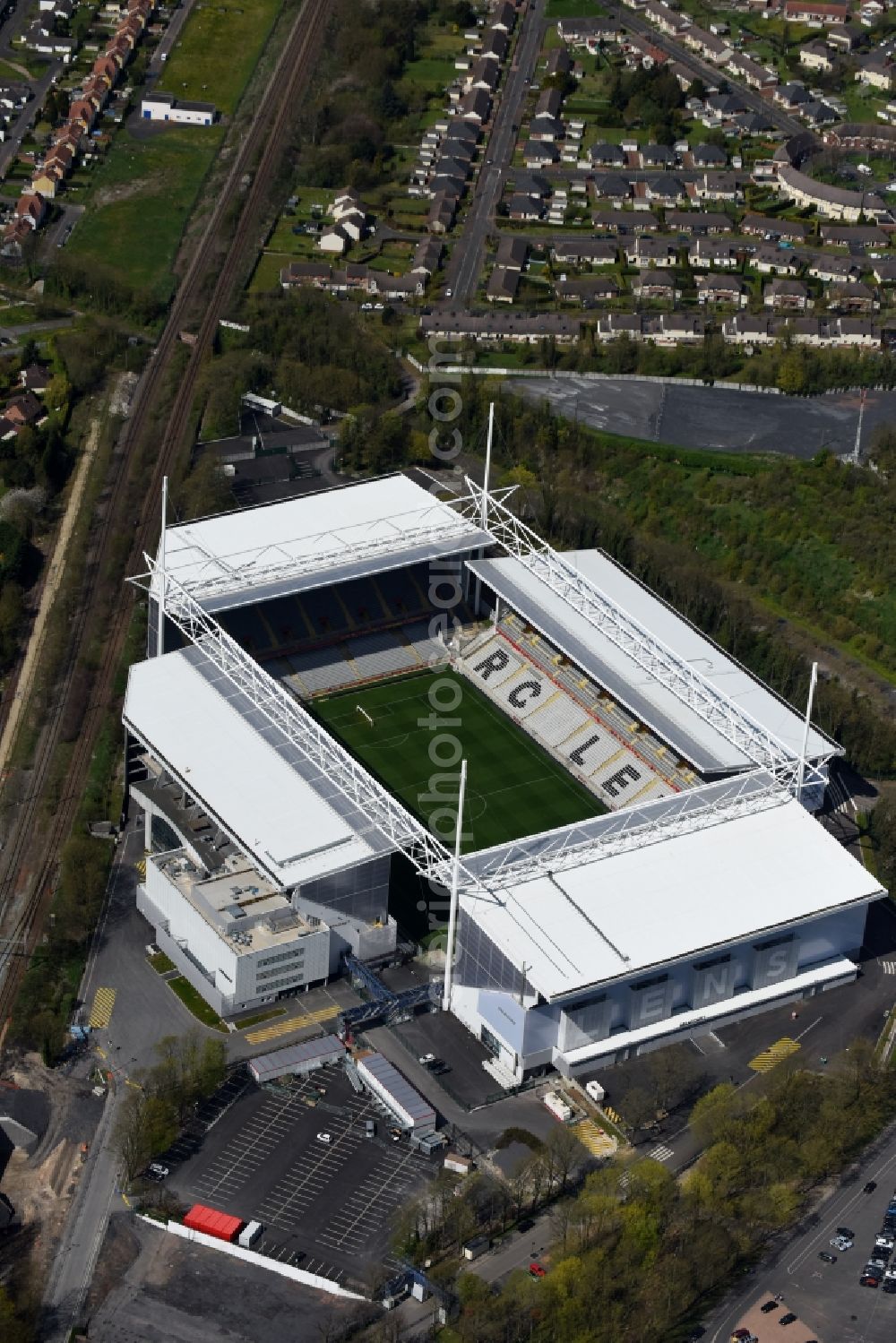 Aerial photograph Lens - Sports facility grounds of the arena of the stadium Stade Bollaert-Delelis before European Football Championship Euro 2016 in Lens in Nord-Pas-de-Calais Picardy, France