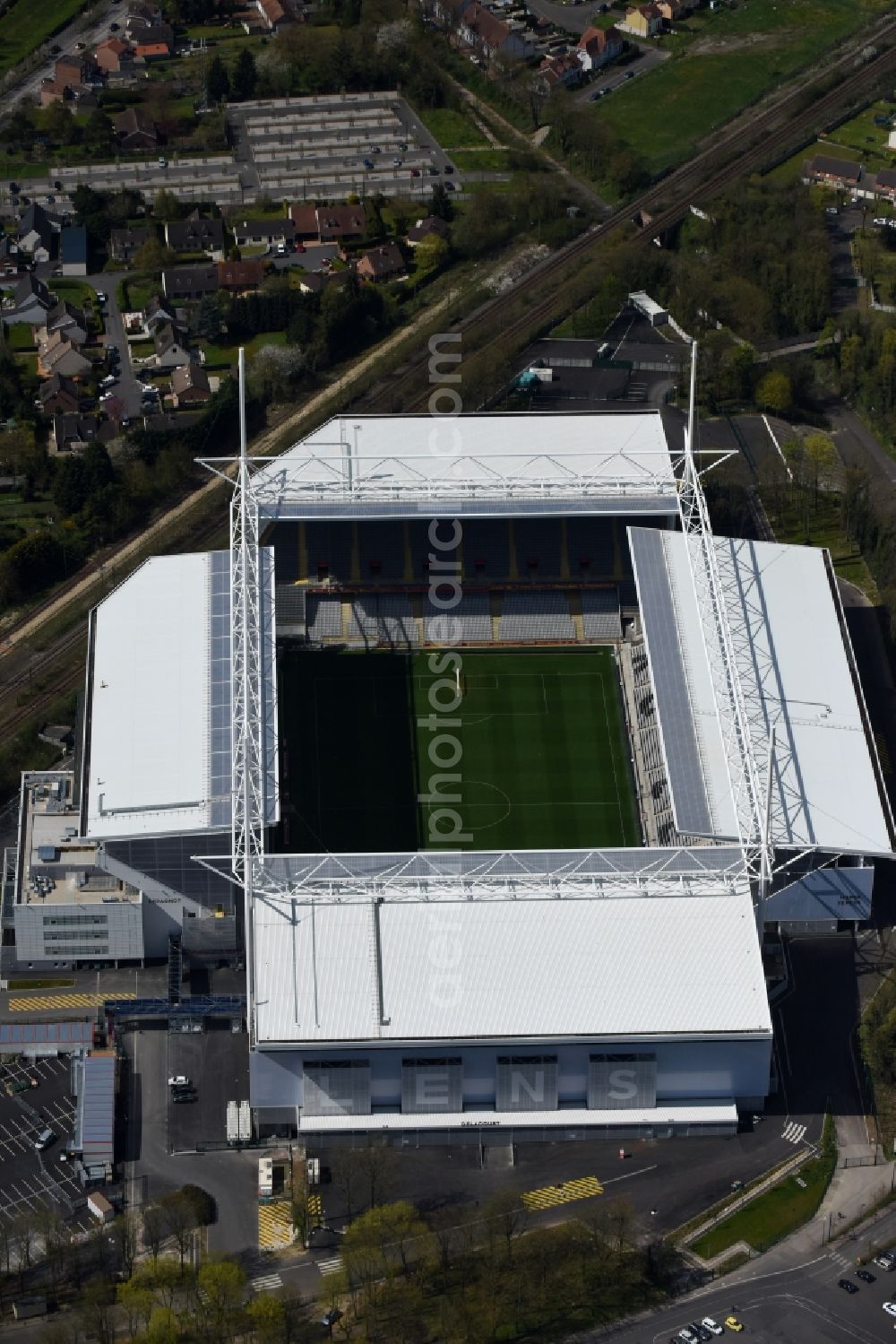 Lens from the bird's eye view: Sports facility grounds of the arena of the stadium Stade Bollaert-Delelis before European Football Championship Euro 2016 in Lens in Nord-Pas-de-Calais Picardy, France