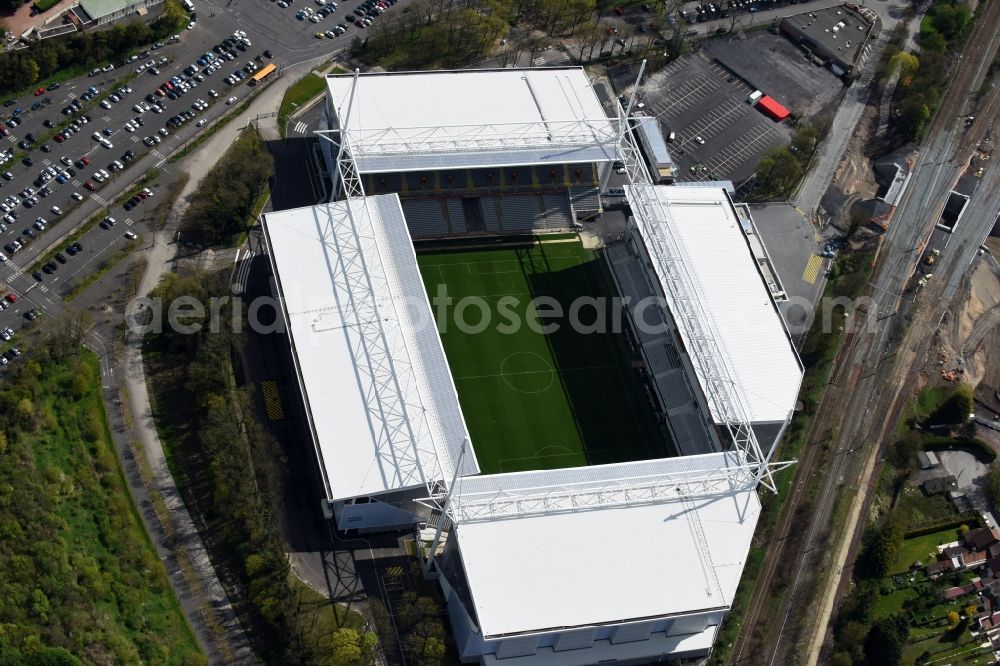 Lens from the bird's eye view: Sports facility grounds of the arena of the stadium Stade Bollaert-Delelis before European Football Championship Euro 2016 in Lens in Nord-Pas-de-Calais Picardy, France