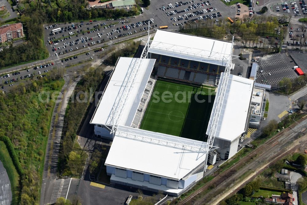 Lens from the bird's eye view: Sports facility grounds of the arena of the stadium Stade Bollaert-Delelis before European Football Championship Euro 2016 in Lens in Nord-Pas-de-Calais Picardy, France