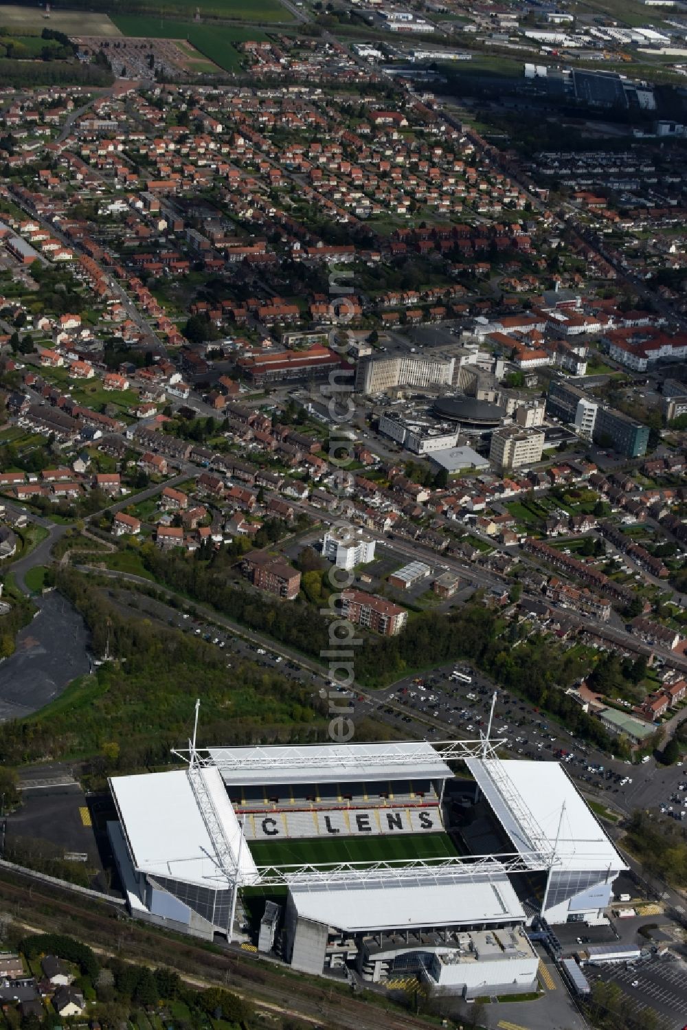 Aerial photograph Lens - Sports facility grounds of the arena of the stadium Stade Bollaert-Delelis before European Football Championship Euro 2016 in Lens in Nord-Pas-de-Calais Picardy, France