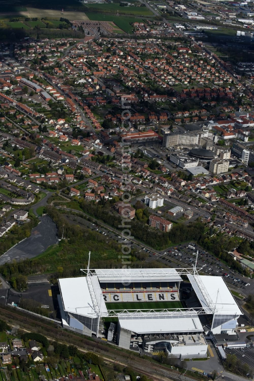 Lens from above - Sports facility grounds of the arena of the stadium Stade Bollaert-Delelis before European Football Championship Euro 2016 in Lens in Nord-Pas-de-Calais Picardy, France