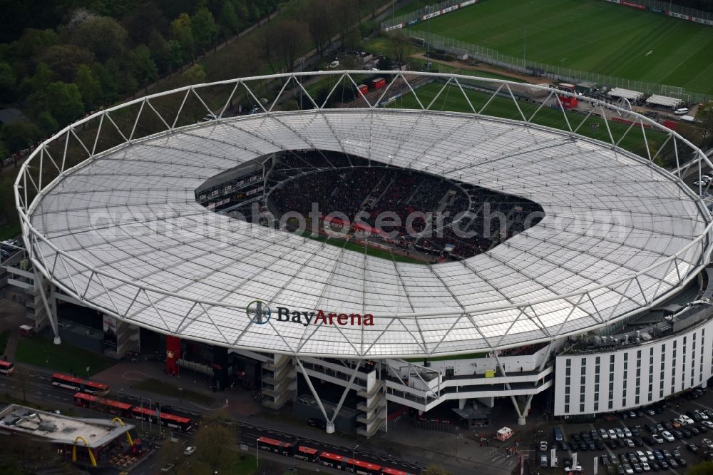 Aerial image Leverkusen - Sports facility grounds of the Arena stadium BayArena on Bismarckstrasse in Leverkusen in the state North Rhine-Westphalia