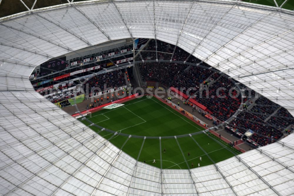 Aerial photograph Leverkusen - Sports facility grounds of the Arena stadium BayArena on Bismarckstrasse in Leverkusen in the state North Rhine-Westphalia