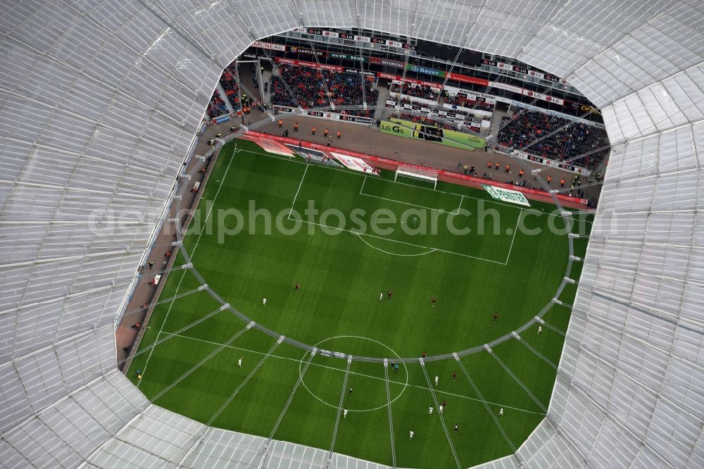 Leverkusen from above - Sports facility grounds of the Arena stadium BayArena on Bismarckstrasse in Leverkusen in the state North Rhine-Westphalia